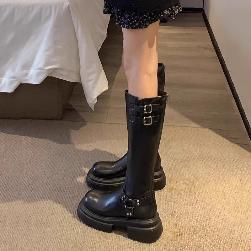 Shoes for Women 2023 Basic Platform Women's Boots Back Zip Knee-High Boots Women Belt Buckle Round Toe Square Heel Shoes Female