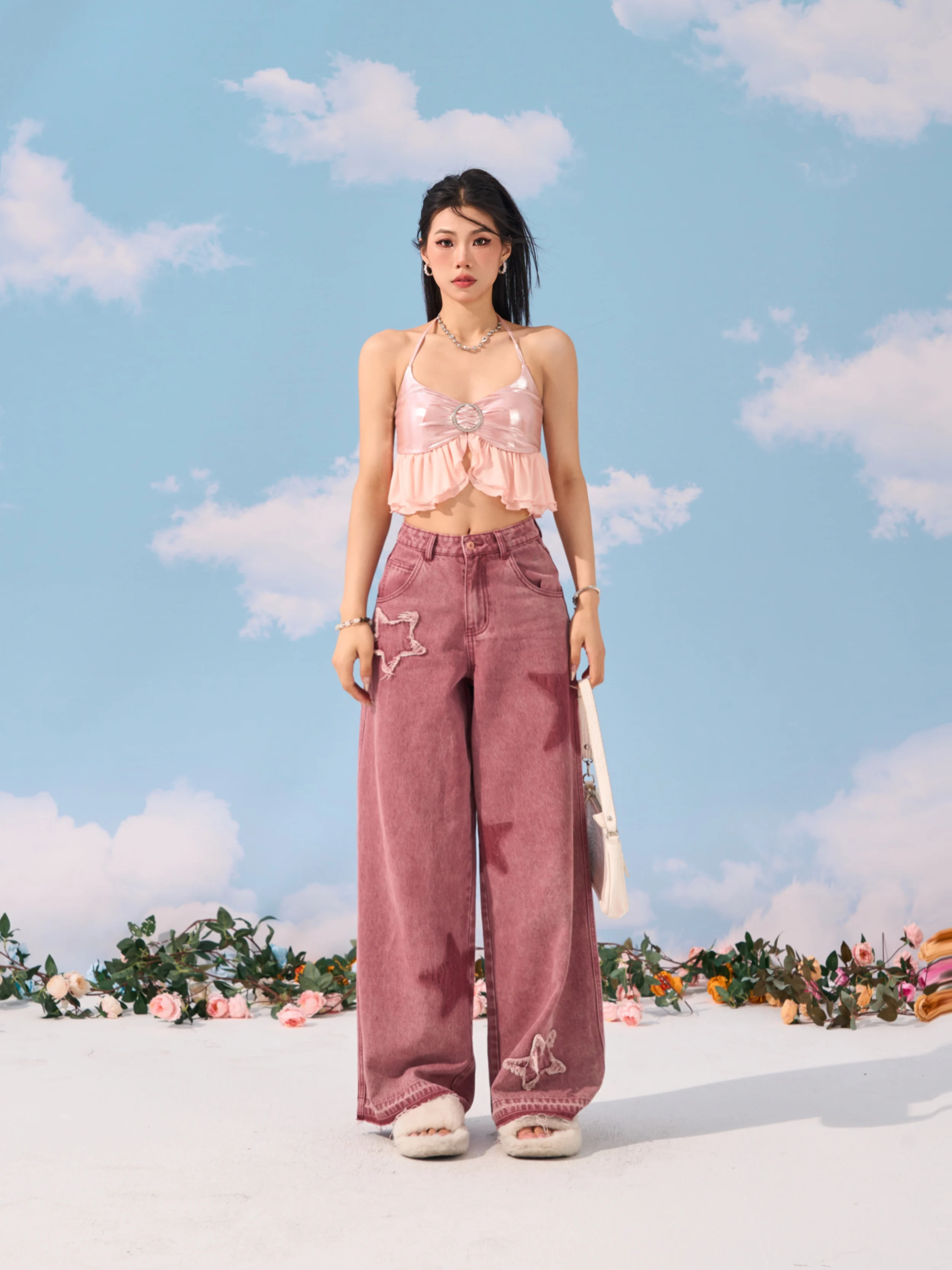 正規店購入 STARTEXCEEDEND バギーパンツ y2k レッド Pink Star Straight Leg Jeans Women's Summer Design Feel Y2K