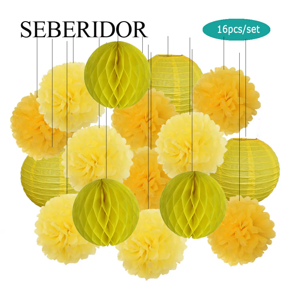 Paper Lantern Baby Boy Girl 2nd Birthday Party Favor Yellow Set Folding Round Paper Lantern Wedding Baptism DIY Tissue Pompom Honeycomb