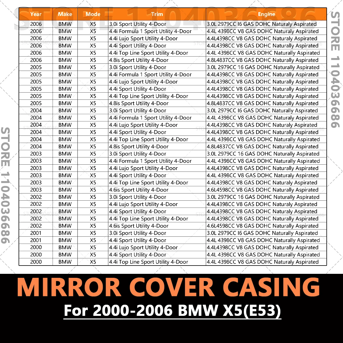 2000-2006 BMW X5(E53) 윙 도어 미러 커버 케이스 51168254903 51168254904 51168266733 51168266734 51168256321 51168256322