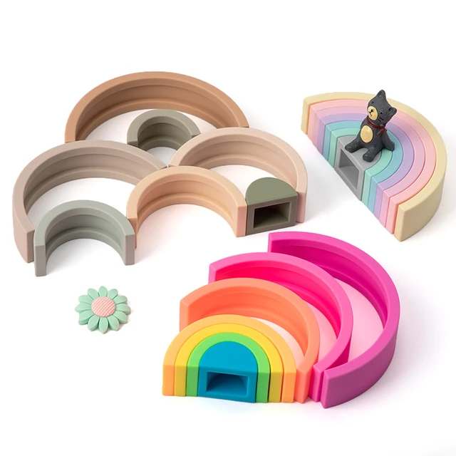 TYRY.HU Newest 7/10pcs Silicone Building Block Rainbow Soft Block 3D Educational Montessori Toys Stacking Blocks Baby Gift 3