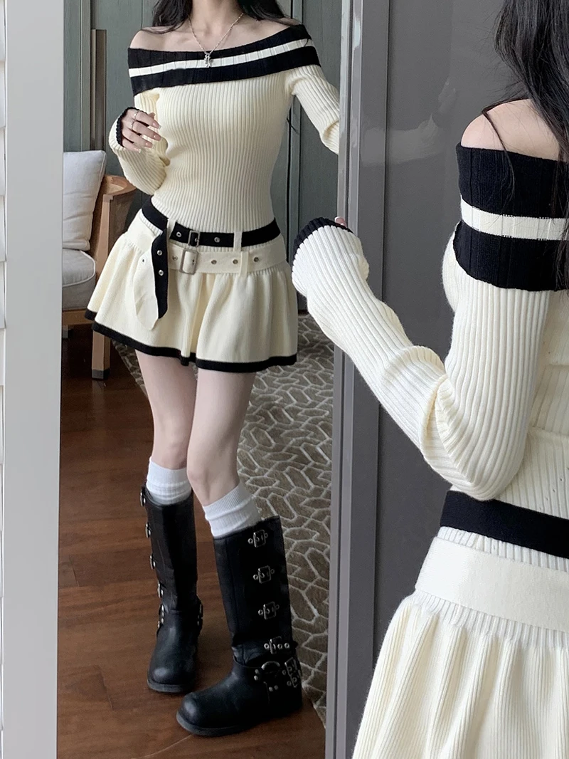 Y2K Slim Casual Knitted Mini Dresses Women Off Shoulder Elegant Korean Fashion Short Party Dress with Belt Autumn New Clothing