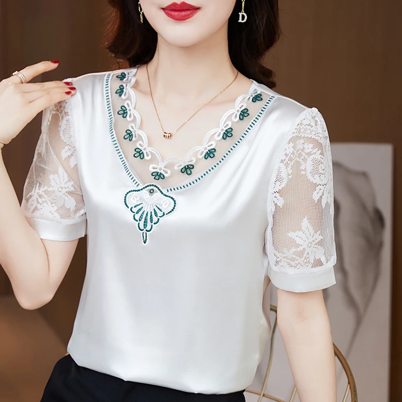 

2023 Fashion Summer Lace Embroidery Women's White Elegant Satin Blouse Short Sleeve Silk Shirt Top V Neck Women Blusas 25733