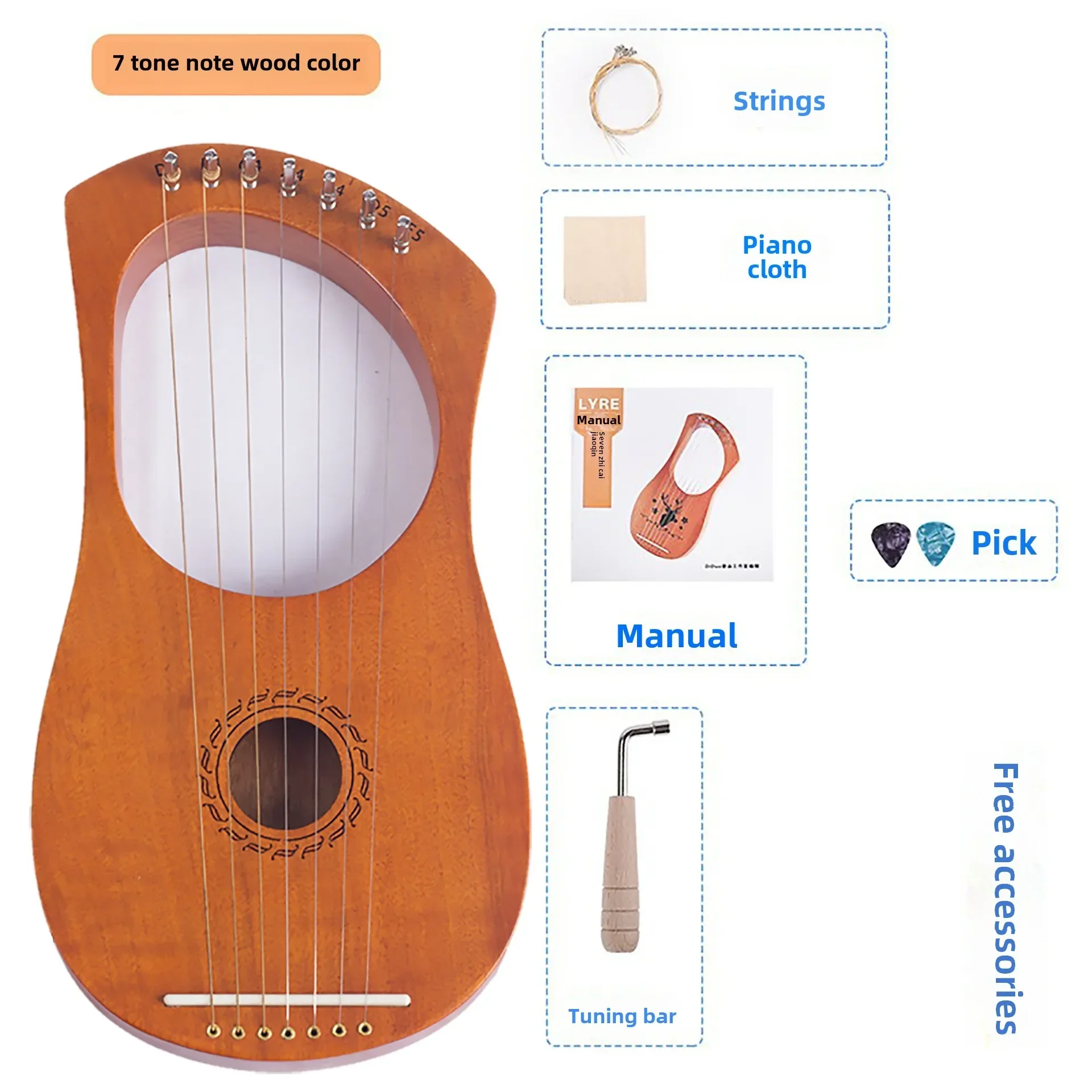 Mahogany 7-String Lyre Harp, Light Beige Varnished Finish with Phosphor Bronze Strings,Portable Small Harp Instrument with Metal