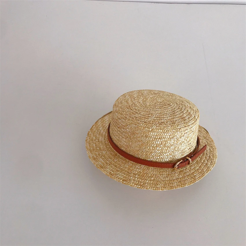 Chic Style Children's Wheat Straw Sunhat Handbag Leather Rope Flat Top Sunscreen Straw Bags Summer Holiday Beach Hat Bags 5