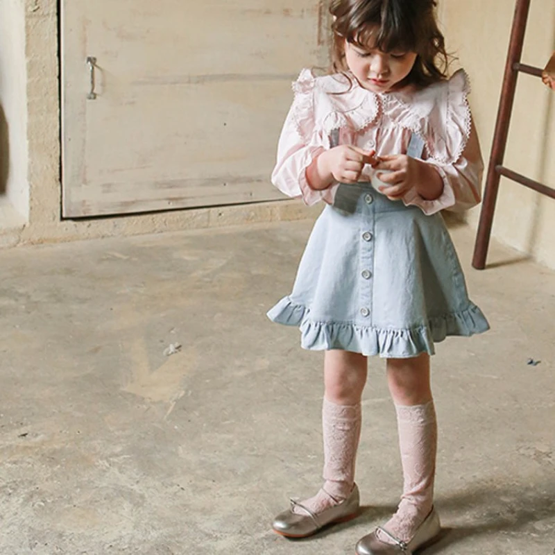 Girls' Suspender Dress Spring Strawberry Shan Han Ruffled Denim Sling Trendy Comfortable Cute Sweet
