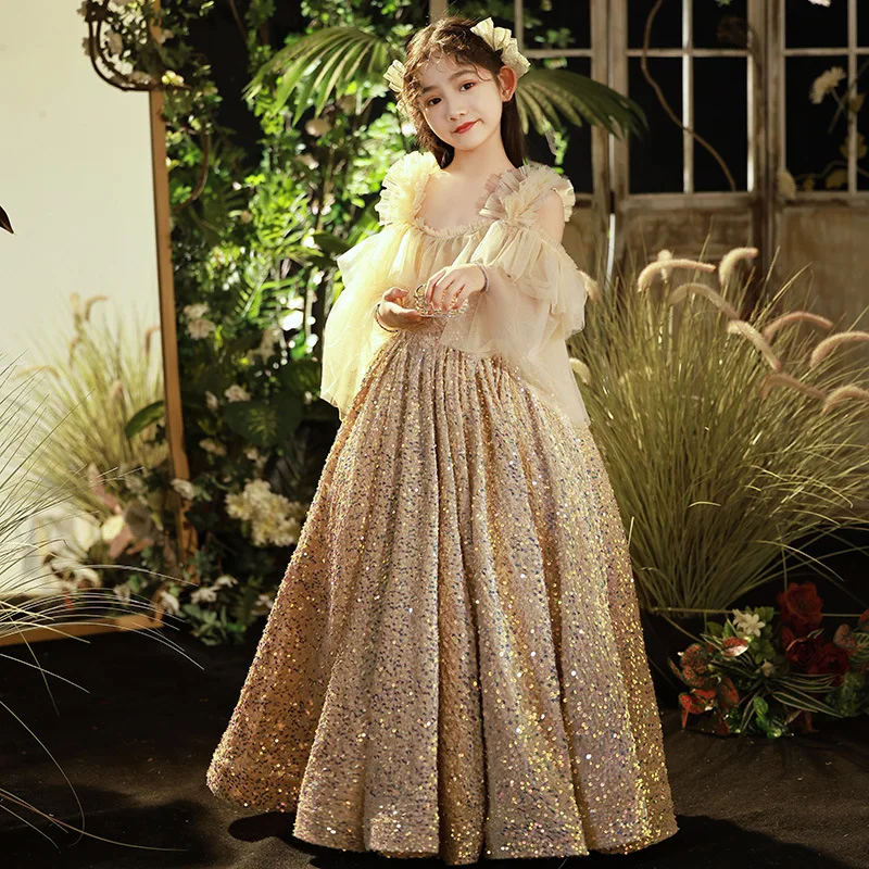 

2023 New sequin Luxury Ball Gown Flower Girl Dresses Off The Shoulder Lace Princess For Weddings Elegant Pageant Gown