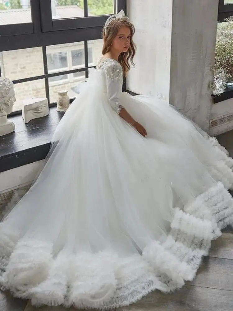 

Белое Цветочное платье для девочки на свадьбу с оборками, Тюлевое пышное платье в пол с аппликацией для принцессы, детское платье для первого причастия на день рождения