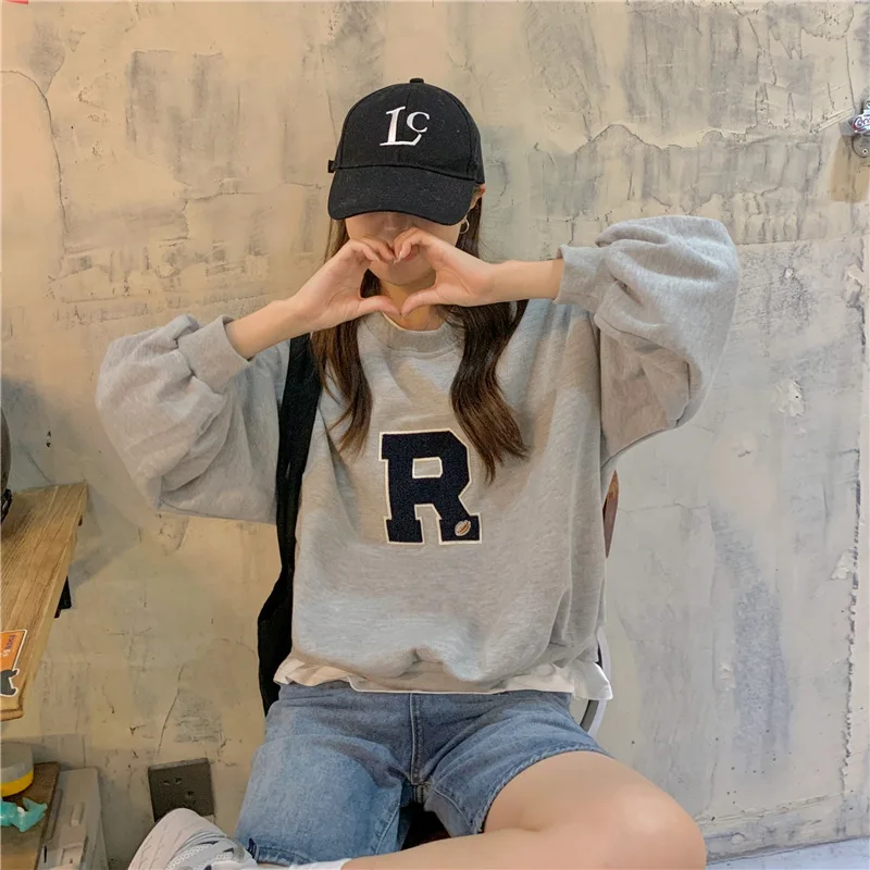 2023 Spring Autumn Sweatshirt Women New Fashion Kpop Long Sleeve Sweatshirt Loose O-neck Lettter Embroidery Clothes