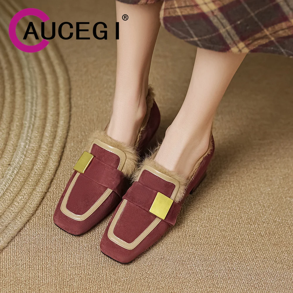 

Aucegi 2023 Women Pumps Autumn Winter Warm Plush Kid Suede Square Toe Thick Heels Slip On Metal Decora Office Casual Shoes