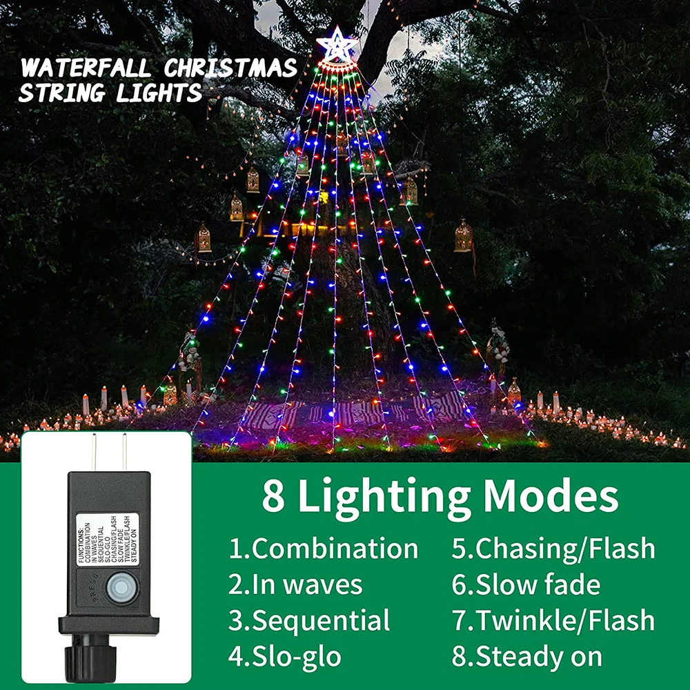 Tcamp Outdoor Christmas Decorations, 316LED Waterfall Christmas Tree Lights  with 11 Toppers Snowfla…See more Tcamp Outdoor Christmas Decorations