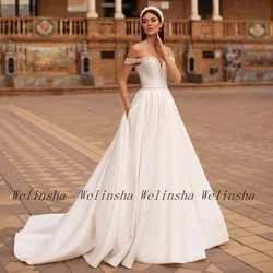 Satin Wedding Dress Robe De Mariage Off The Shoulder V Neck Beading Pearls Corset Bridal Gown Sweep Train A Line Bride Dresses