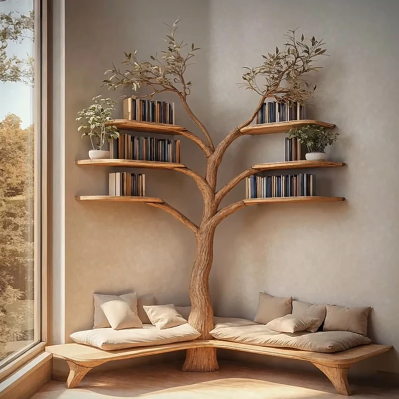 天然木、インテリア、オブジェ、ディスプレイ 無垢材クリエイティブログ本棚アート大きな木の形の収納リビング