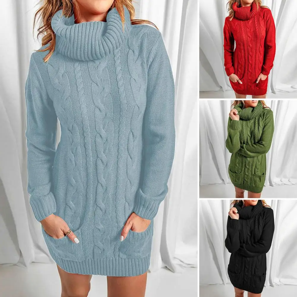 

Turtleneck Pullover Dress Two Pockets Sweater Dress Autumn Winter Knitted Ribbed Edge Slim Twist Knitted Dress Streetwear