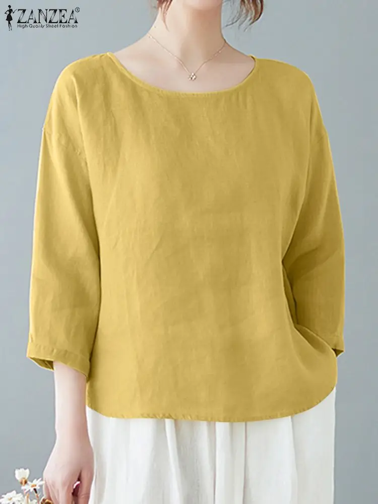 

ZANZEA Summer Fashion Solid Color Tops Woman O-Neck 3/4 Sleeve Blouse Femme Casual Streetwear Cotton Shirt Korean Blusas Mujer