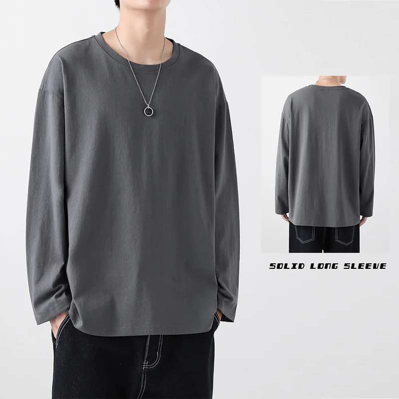 

Men's T-shirt New Men's Casual Long-sleeved T-shirts Loose Bottom Long T Men's Clothing Solid Plus Size Cotton Tees Tops