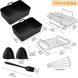 Premium Air Fryer Accessories Set with Stainless Steel Grill Racks and Rectangle Silicone Basket (7PCS Full Set)