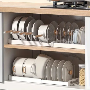 Scaffale espandibile per organizer per pentole per armadio da cucina, divisore regolabile, soluzione multiuso per riporre pentole e padelle 1