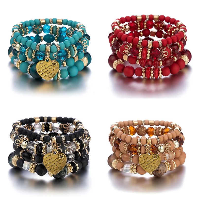 

4Pcs/set Boho Ethnic Heart Beaded Bracelet Set For Women Handmade Crystal Beads Chain Bangle Female Bohemia Jewelry Gift