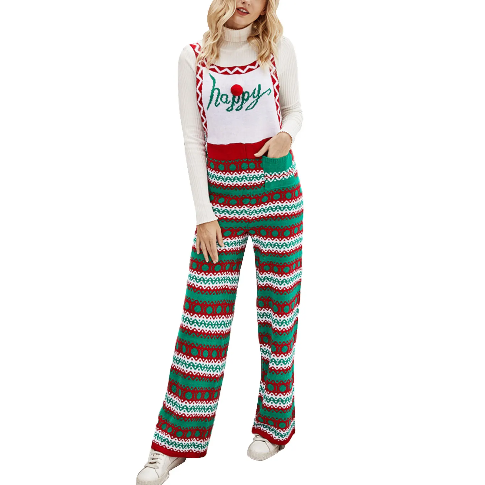 Women Christmas Knitted Bib Overalls Snowflake Print Loose Straight Leg Jumpsuit Romper Pants with Pockets New Year Clothes