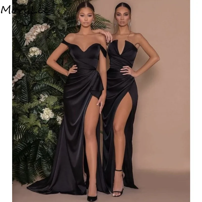 

Black Bridesmaid Dresses Sleeveless Silk Satin Pleated Side Slit Mermaid Bridesmaid Dresses Lace Up Back Wedding Party Gowns