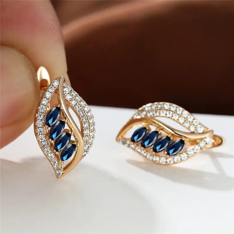 Cute Female Gold Color Wedding Hoop Earrings Pink Zircon Crystal Small Stone Leaf Wedding Jewelry For Women