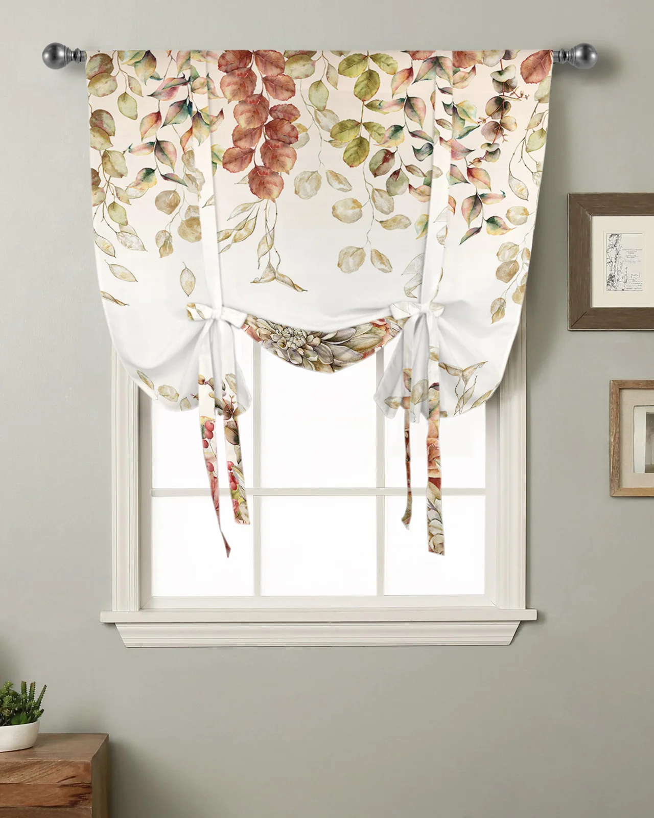 

Plant Eucalyptus Autumn Leaves Vintage Flower Kitchen Short Window Curtain Modern Home Decor Small Window Roman Tie Up Curtains