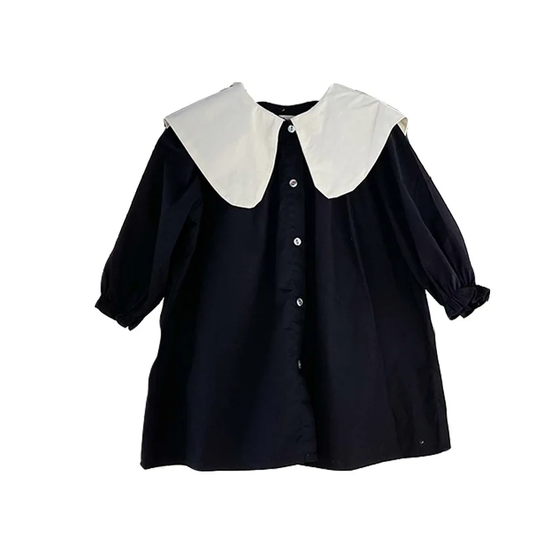 Girl Cotton Dress New Long Sleeved Toddler Baby Sigle Breasted Bow Black and White Dresses for Young Children Kids Clothes