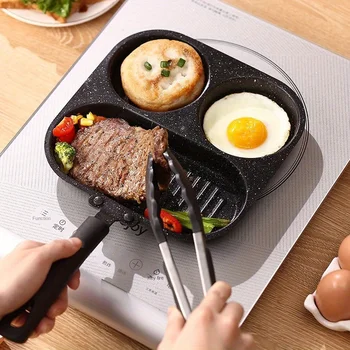 Padella spessa per colazione tre in uno per uso domestico, uova per friggere, padella a fondo piatto, uova di bistecca, 1