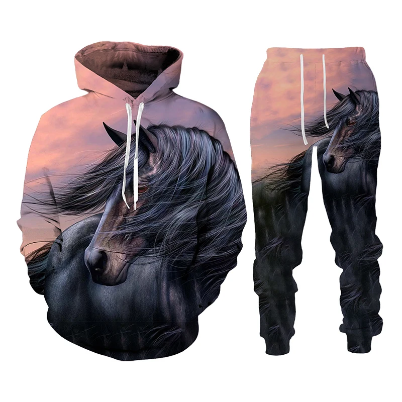 

Spring Autumn 3D Horse Printed Men's Hooded Set Men's Sportswear Tracksuit Long Sleeve Men's Clothing Two Suit