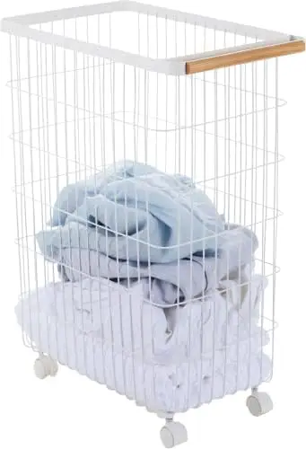 

Wire Slim Saving Rolling Wheeled Clothing Hamper | Steel + Wood | Laundry Basket, One Size, White Popup laundry hamper Plastic c