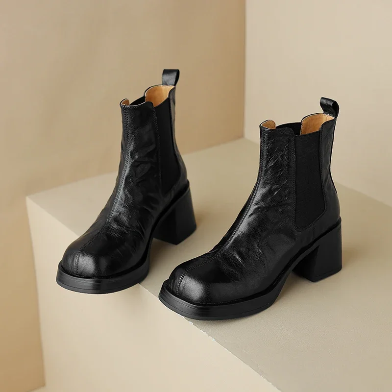 Modern Ladies Shoes Chelsea Boots Women Classic Warm Winter Ankle Boots Concise Sheep Leather Boots for Autumn Thick High Heels