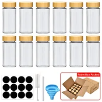 12 pcs Glass Spice Jars with Bamboo Lids Include with Minimalist Spice Labels Stickers Collapsible Funnel Kitchen Spice Jar Set 5
