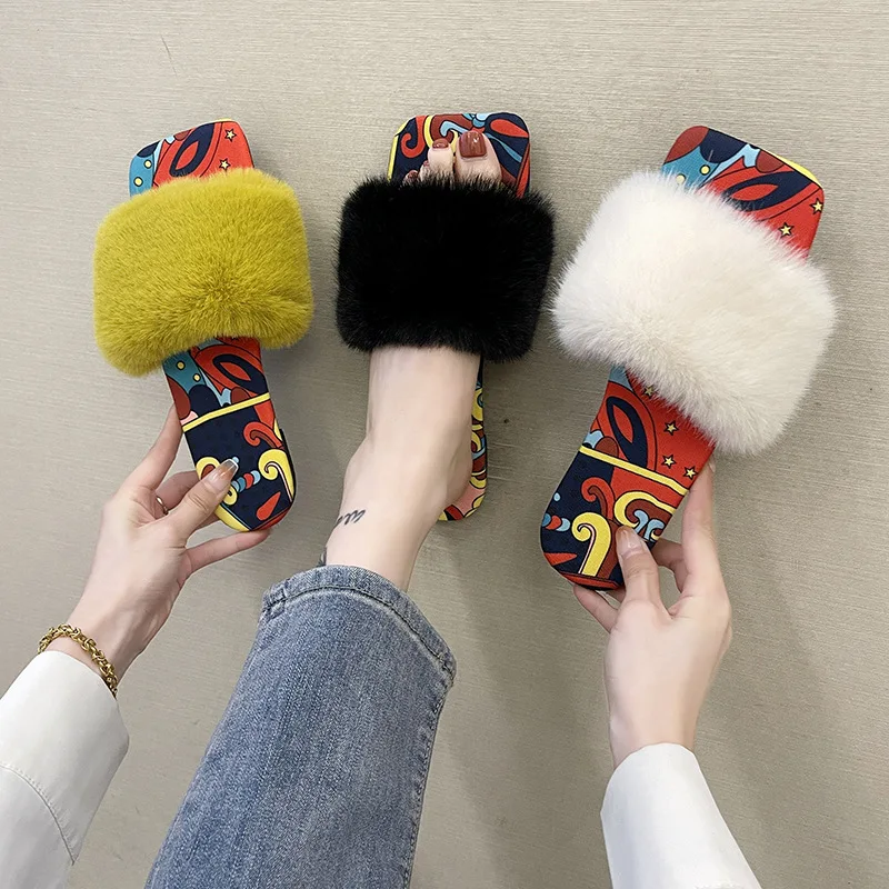 Winter Slippers Women Fashion Fluffy Fur Slipper Home Slides Platform Flat Indoor Floor Flip Flops Women Ladies Shoes 2023