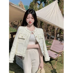 MEXZT Tweed Woolen Coat Women Elegant White Tassel Cropped Jackets Spring Autumn Korean Vintage Single Breasted Outwear Tops New