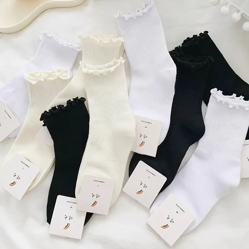 Cotton ruffle ankle socks 1/3/5pairs women Lolita cute Kawaii Korean girl spring middle tube Japanese sox
