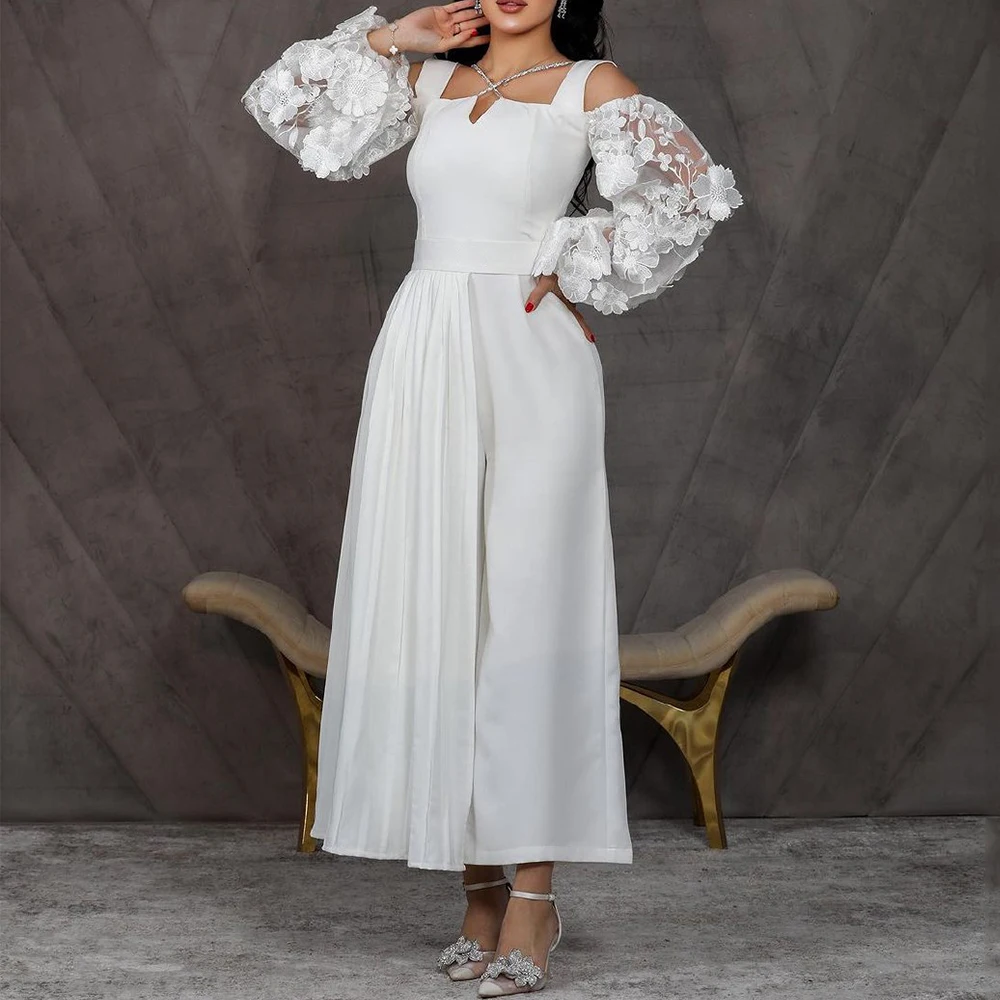 

Flechazo Off the Shoulder Evening Dress Square Collar with Flower Lace Lantern Long Sleeves Ankle Length Women Party Gowns