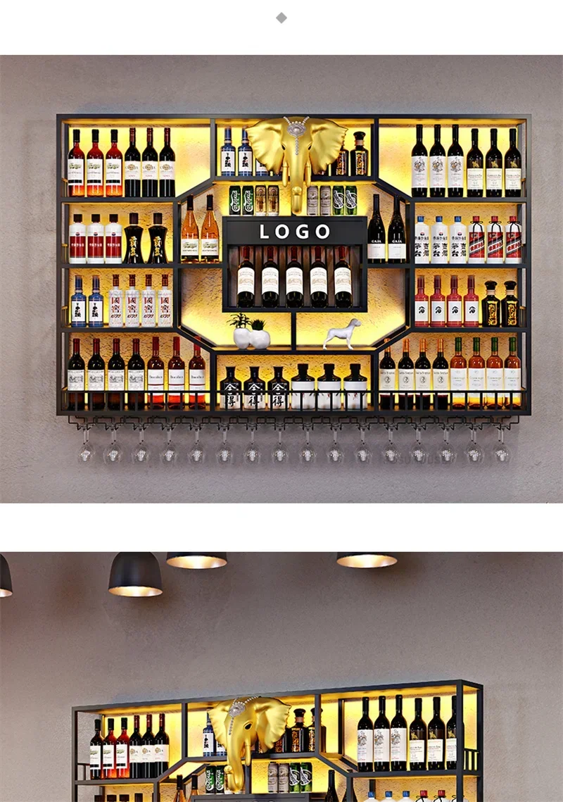 Nordic Iron Art Wine Rack Creative Wine Display Cabinet with Light Industrial Style Hotel Restaurant Wall-mounted Bar Cabinets