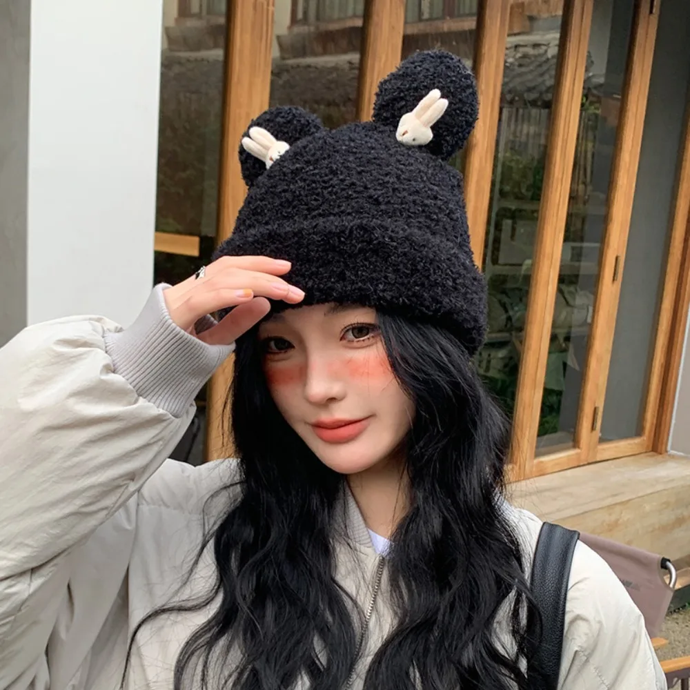 

Winter Warm Faux Fur Beanies Hat Cold Protection Thicken Cold-proof Furry Caps Knitted Cap Women Accessories