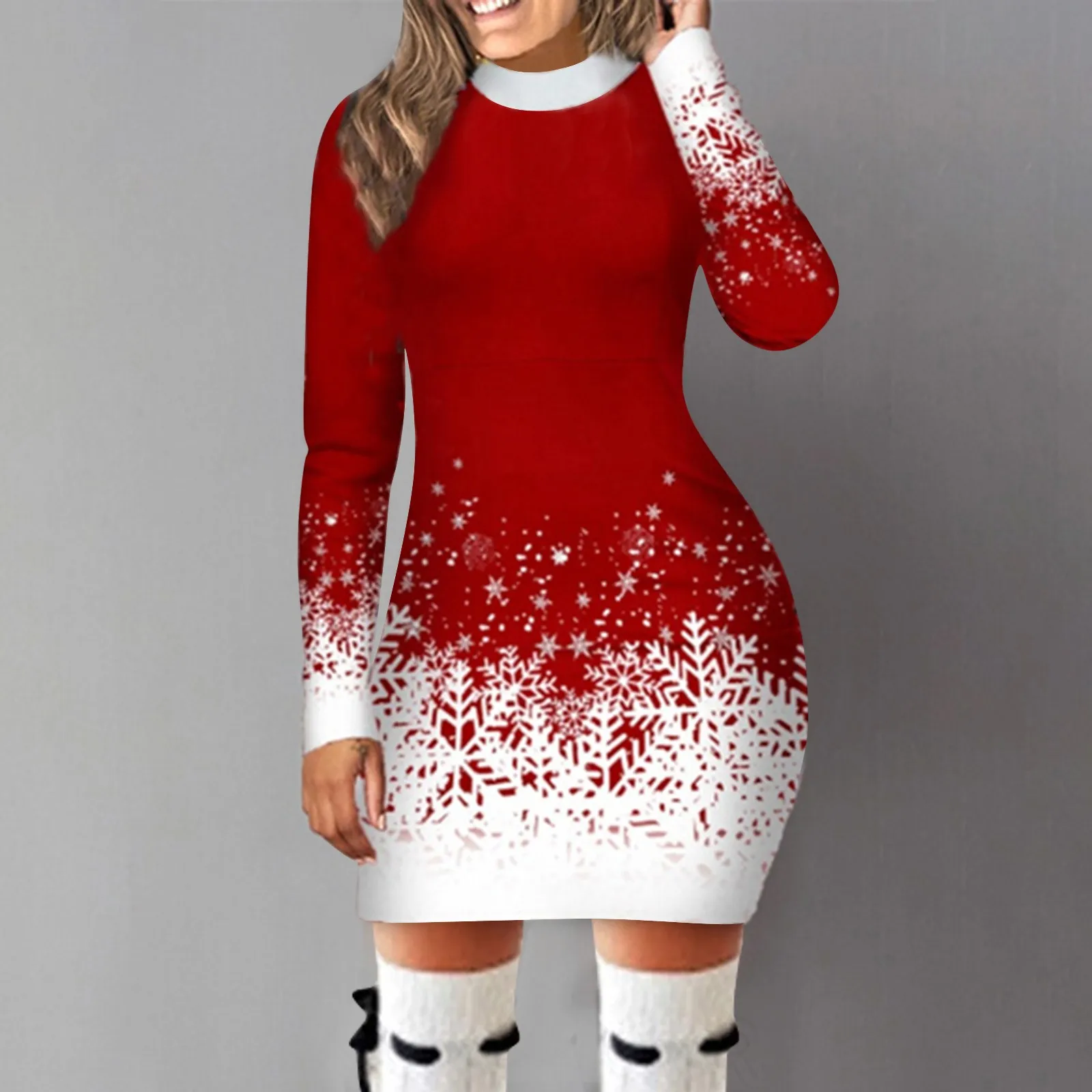 

Женское рождественское облегающее платье с круглым вырезом, принтом снежинок, рождественское мини-платье, осенне-зимние женские платья с длинным рукавом