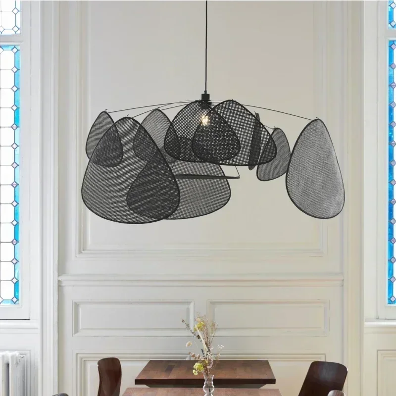 French Designer Black Canework Screens Chandelier Indoor House Rattan Suspension Lighting Decor for Living Dining Room LED Lamp