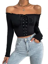 

Women Sexy Basic Pullover Cutaway Casual Long Sleeve Spring Spliced Slash Neck Cold Shoulder Sleeve Solid Color Bandage Crop Top