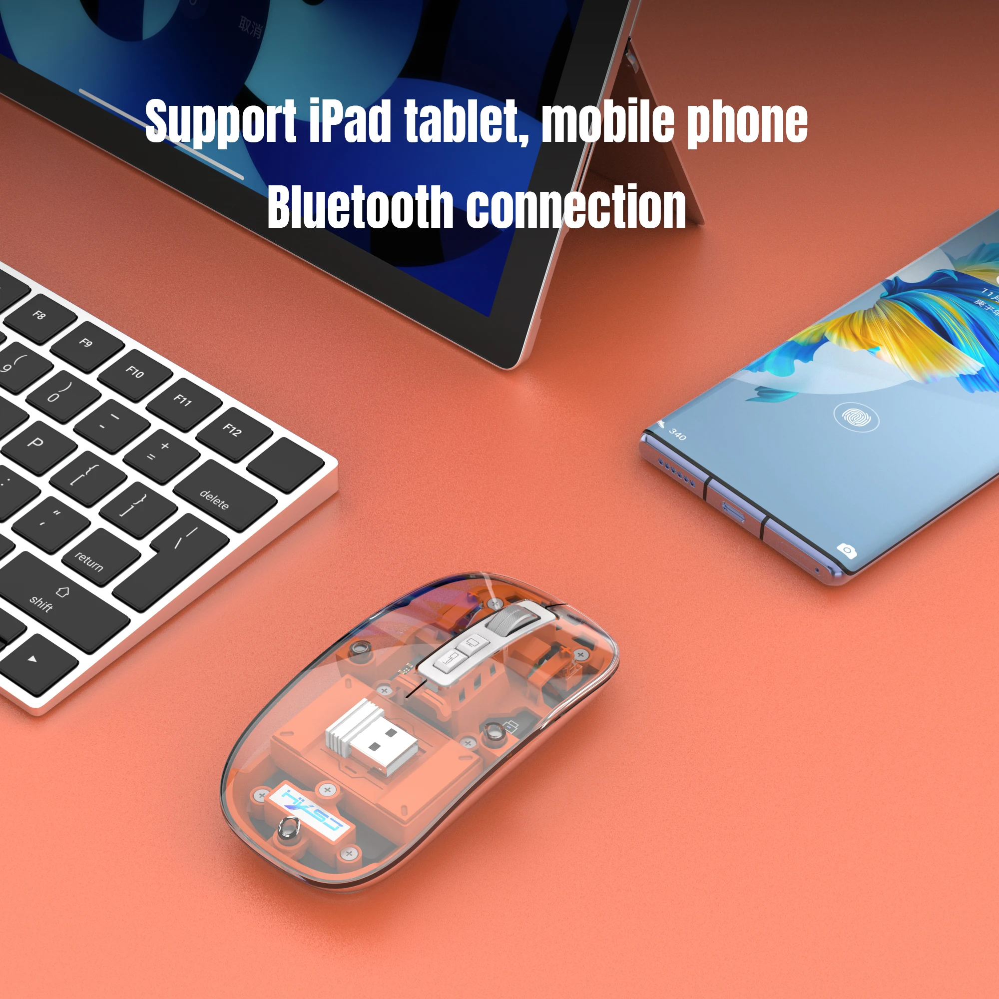 3 Modes Wireless Bluetooth Transparent Mouse 2.4G USB 2400DPI Adjustable Rechargeable Battery Display Mice for ipad Mipad Laptop