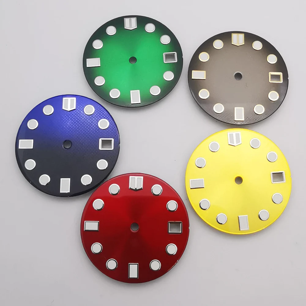 

28.5mm smooth black blue red green watch dial luminous dial fit NH35 movement