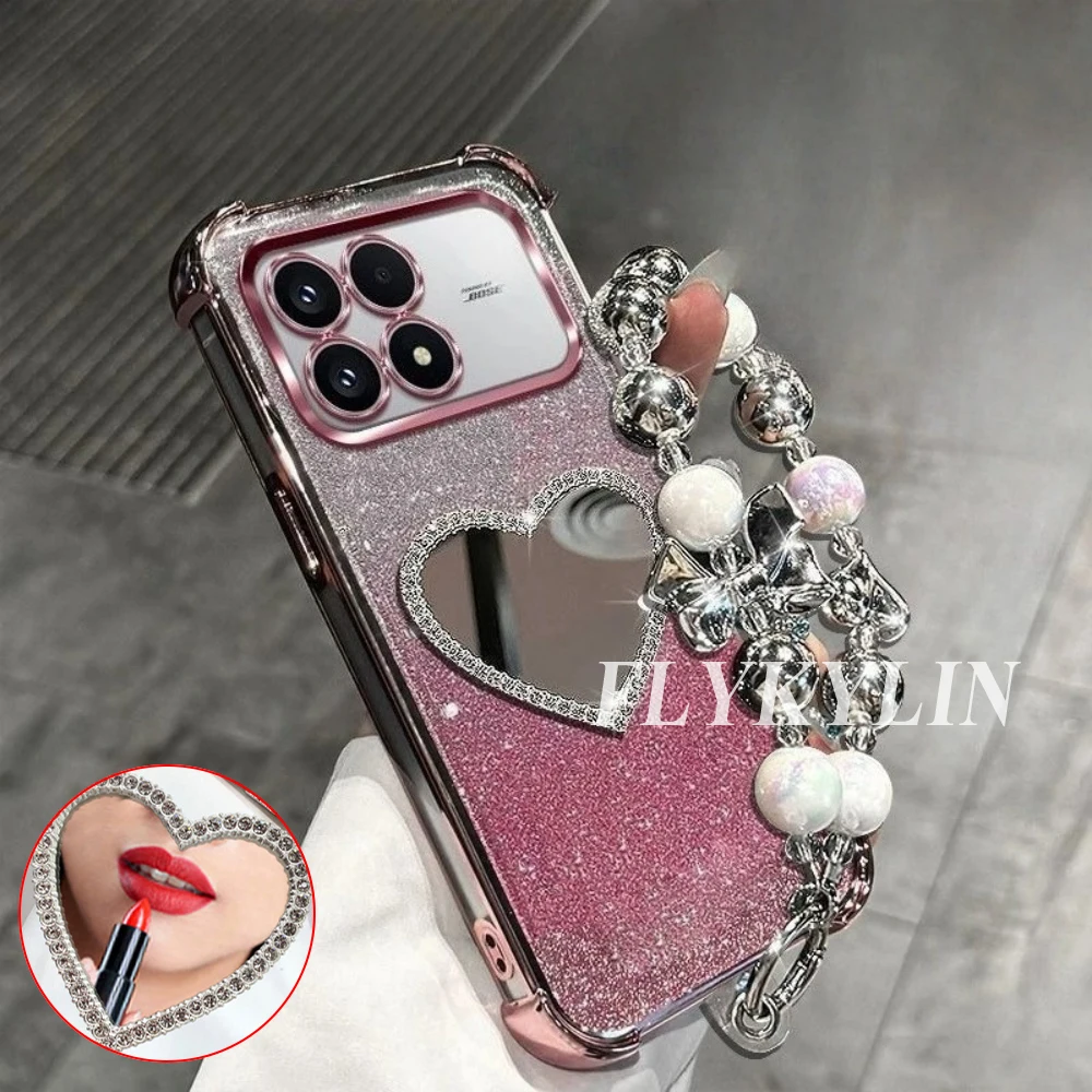Love Mirror Anti-Drop Protective Shell with Sparkling Powder and Bracelet