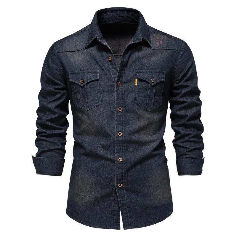 New Cotton Men's Clothing Large Size Spring And Autumn Long Sleeve Classic Denim Shirt Lapel Multi-Pocket Quality Denim Shirt