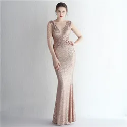 Sparkling Sequins Mermaid Evening Dress Luxury Beading V Neck Sleeveless Long Wedding Guest Party Prom Gown Robe De Mariée