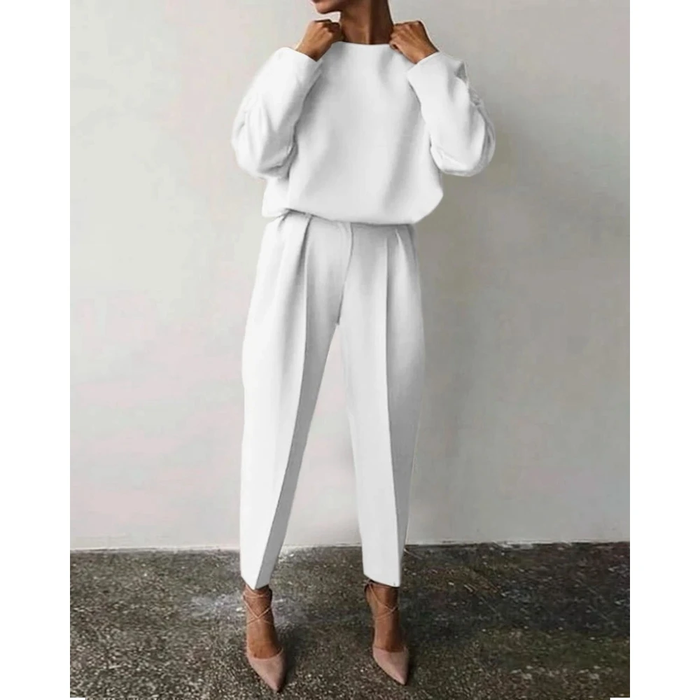 Women O-Neck Long Sleeve Sweatshirt Top & Ruched Frill Pants Sets Female Spring Loose 2 Pieces Elegant Pants Suit Set Outfits