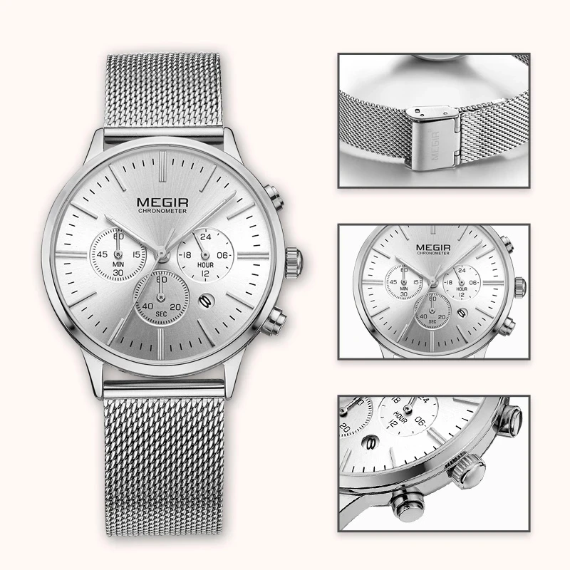 MEGIR New Fashion Women Quartz Watches Top Brand Luxury Ladies Chronograph Wristwatches Stainless Steel Waterproof Female Watch