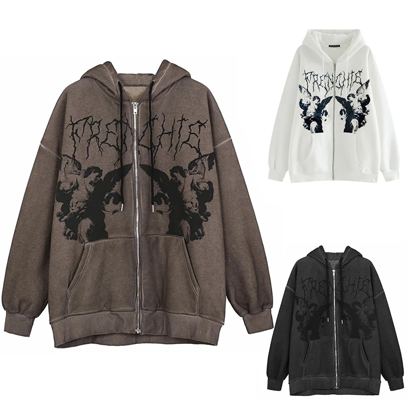 

Vintage Angel Printed Hoodies Women Zip Up Hip Hop Oversized Streetwear Jacket Coat Female Harajuku Y2k Punk Outwear Sweatshirt